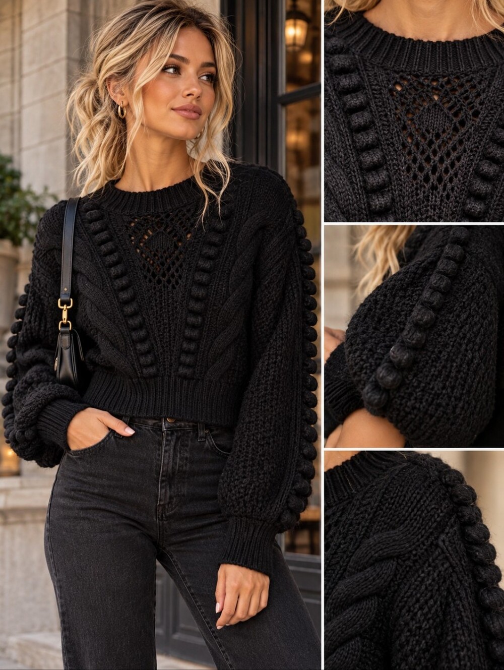 Anthropologie Textured Cable Knit Sweater Womens XS Black Cropped Cozy Winter